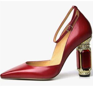 FSJ Red Comfortable Block High Heels Pointed Toe Rhinestone Ankle Strap Pumps